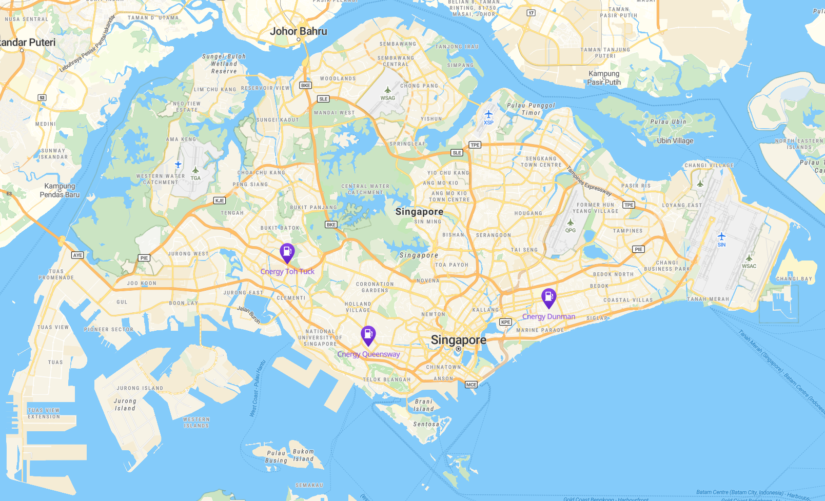 Map showing Cnergy Dunman, Cnergy Queensway, and Cnergy Toh Tuck in Singapore