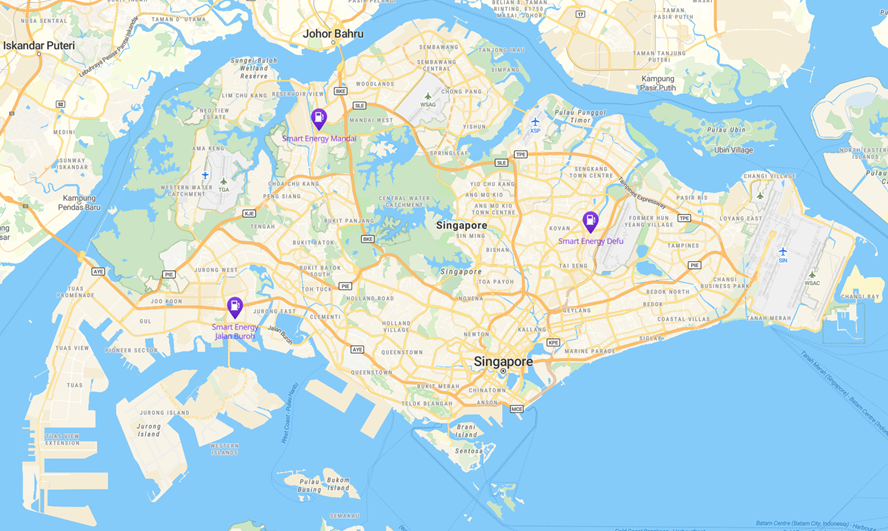 Map showing Smart Energy Mandai, Smart Energy Jalan Buroh, and Smart Energy Defu in Singapore