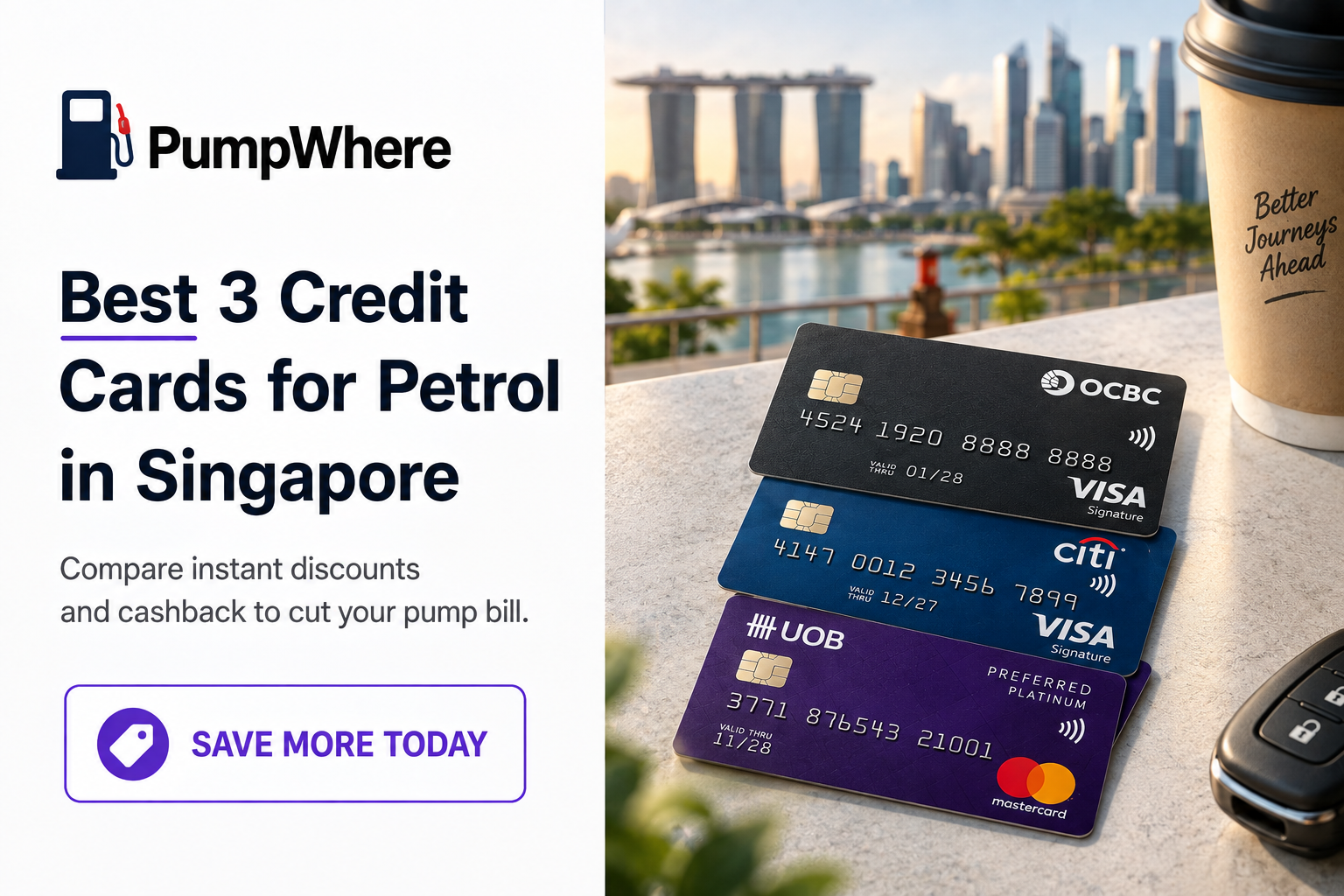 Credit cards and petrol pump illustrating the best cards for retail fuel purchases in Singapore