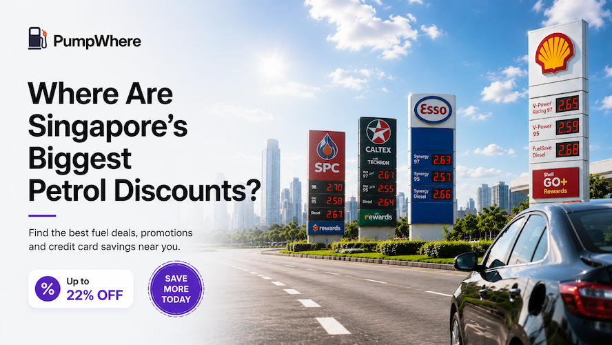 Map and pump showing where to find Singapore's biggest petrol discounts